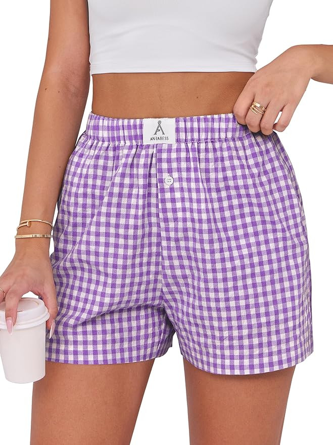 ANRABESS Boxer Shorts for Women Gingham Pajama 2026 Summer Casual Lounge Sleep Plaid Shorts Y2K B... | Amazon (US)