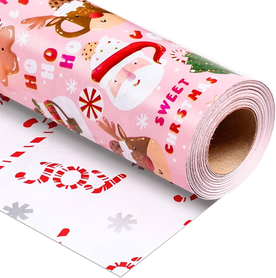 Yarcony Pink Christmas Wrapping Paper Jumbo Roll - 30 Inch X 100 Feet - Reversible Gingerbread Ma... | Amazon (US)