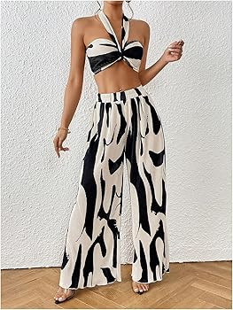 OYOANGLE Women's 2 Piece Vacation Outfits Graphic Print Knitted Crop Halter Top and Wide Leg Pant... | Amazon (US)