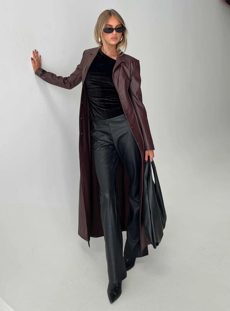 Speak Easy Long Line Faux Leather Coat Burgundy | Princess Polly US