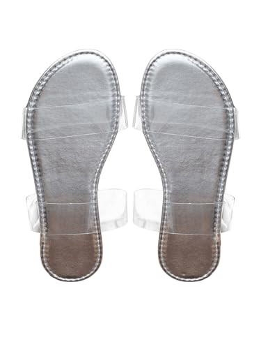 GORGLITTER Women's Clear Sandals Open Toe Transparent Two Band Clear Slide Sandals Silver Clear 9.5 | Amazon (US)