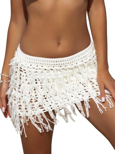 Floerns Women's Solid Hollow Out Fringe Hem Crochet Swim Beach Cover Up Skirt White Small | Amazon (US)