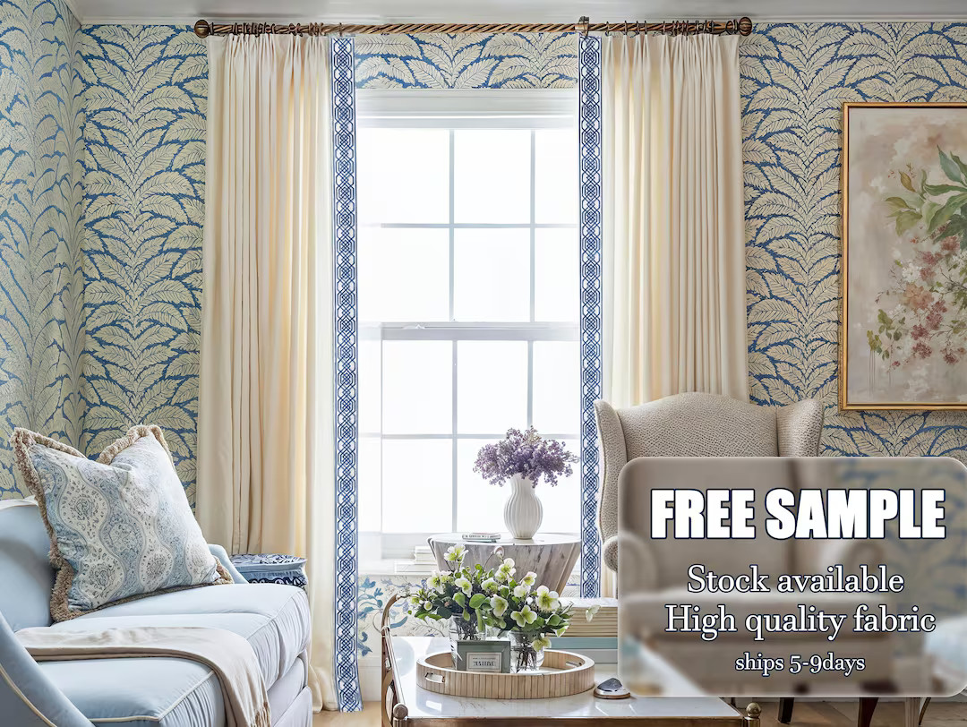 White Cotton Linen Curtain Panels,Pleated Curtains With Blue Trim,Curtain Panels,Various Sizes,Ha... | Etsy (US)