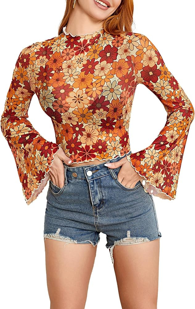 Verdusa Women's Bell Sleeve Lettuce Trim Mock Neck Floral Mesh Top Crop T Shirt | Amazon (US)