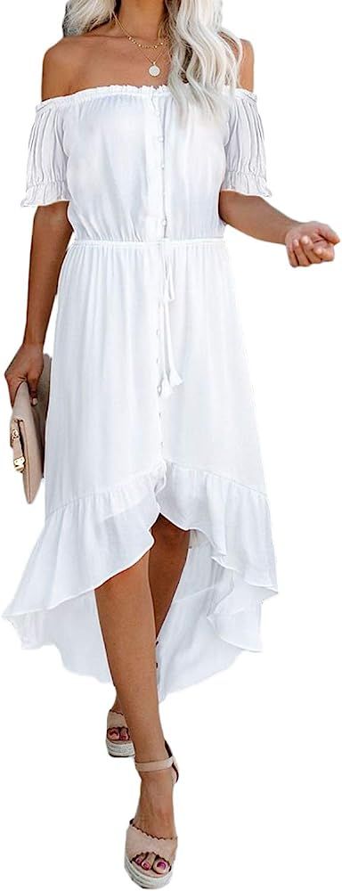 Happy Sailed Women Off Shoulder Casual Maxi Dresses Short Sleeve High Low Ruffle Bridesmaid Evening  | Amazon (US)