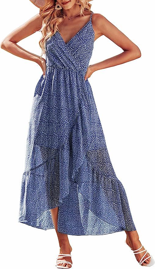KIRUNDO Women's Summer Boho Spaghetti Straps V Neck Leopard Print Maxi Dress Sleeveless Belted Sl... | Amazon (US)