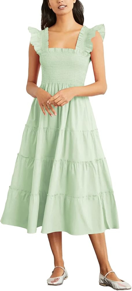 Rooscier Women's Square Neck Smocked Ruffle Sleeveless Tiered A Line Sundress Midi Dress | Amazon (US)
