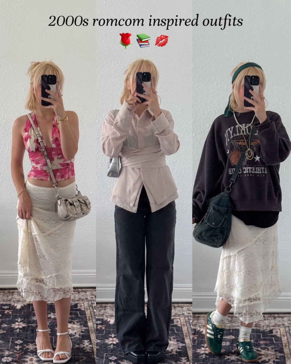 hii! here are some outfits that i think are giving 2000s rom-com! 💕 option 1: the sunshine girl ☀️ floral top, lace midi skirt, high heels, a cute patterned bag, subtle gold jewelry  option 2: the boss babe 💼 a classic button up, fitted jeans, high heel boots option 3: the earthy book girl 📚 oversized t shirt, cozy sweatshirt, flowy skirt, sneakers, oversized bag, hair scarf, chunky layered jewelry, sneakers  #romcom #outfitinspo #2000sfashion #zerogatekeeping

#LTKootd