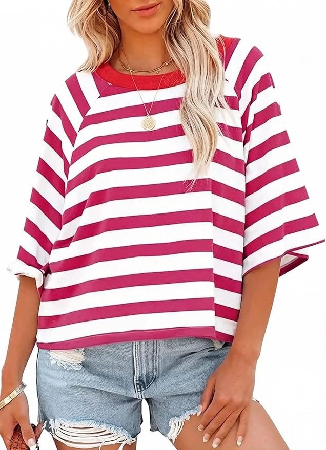 Women's Striped Oversized T-Shirt, Half Sleeve, Crew Neck, Casual Loose Fit Top | Amazon (US)