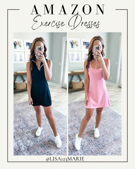 Amazon exercise dresses (XS). Athletic dresses. Mom outfit. Golf dresses. Tennis dresses. Casual outfits. Travel outfit. Veja Esplar sneakers (size down if you are a half-size). 

Left: Detachable shorts with pockets + no built-in bra 

Right: detachable shorts with pockets + has built-in shelf bra. 

#LTKshoecrush #LTKfit #LTKtravel