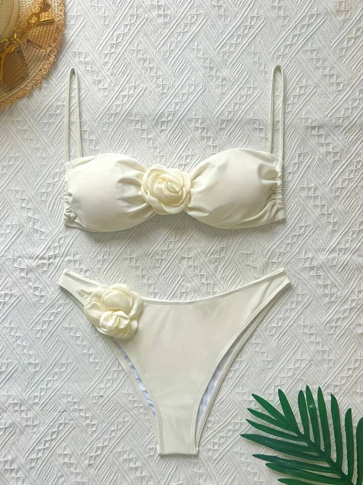 Women's Floral Bikini Swimwear - White Bandeau Swimsuit With Rose Detail AndAdjustable Straps -Summer Beachwear | SHEIN