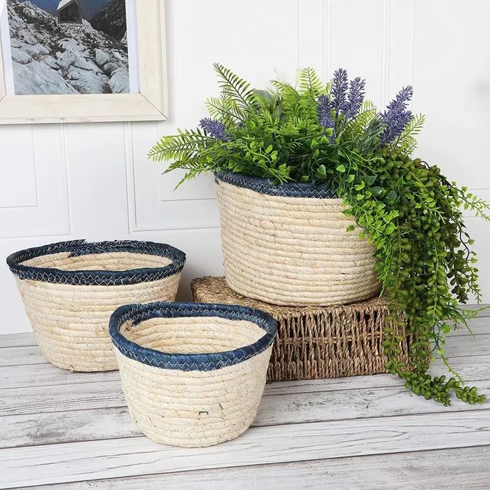 Okuna Outpost 3 Sets Water Hyacinth Grass Woven Flower Pot Planter Storage Bin, Brown with Blue R... | Target