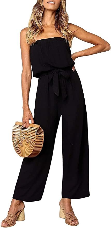 ZESICA Women's Casual Off Shoulder Solid Color Strapless Belted Wide Leg Jumpsuit Romper | Amazon (US)