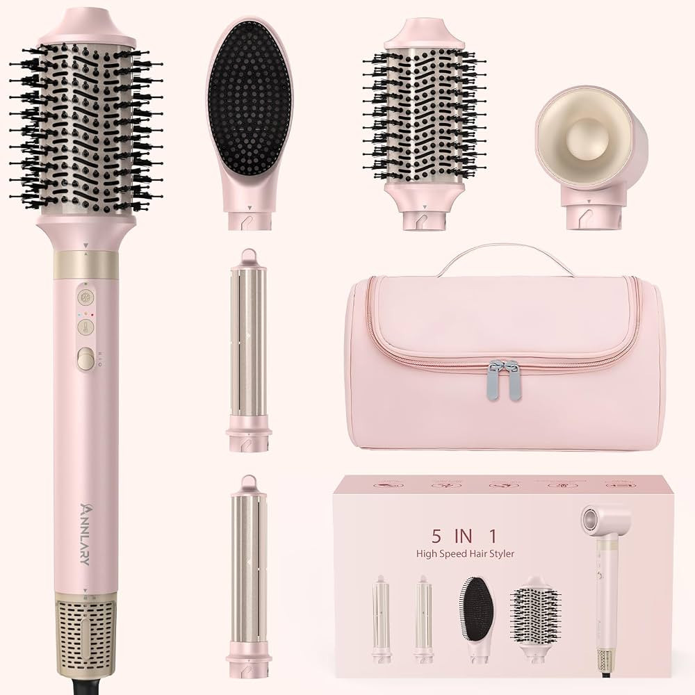 Annlary 5 in 1 Ionic Hot Air Styler, 1400W Powerful Hair Dryer Brush, Auto-Wrap Curlers, Paddle B... | Amazon (US)