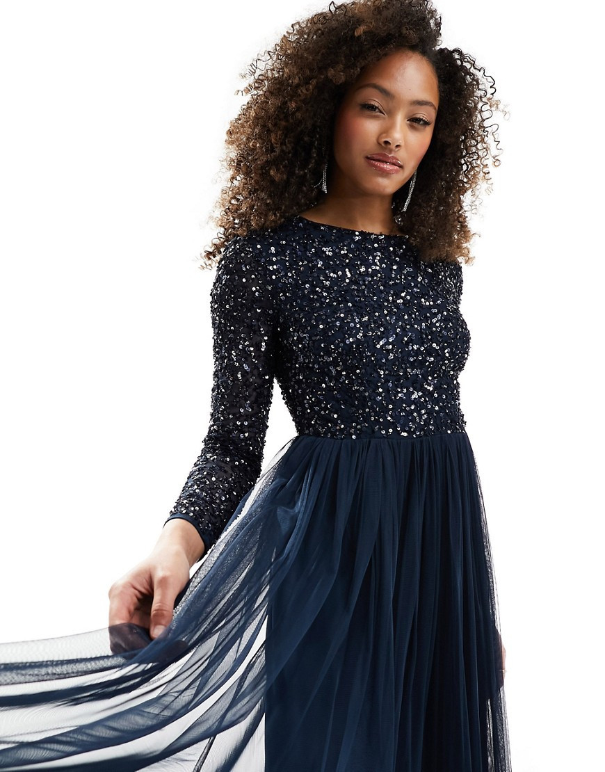 Maya Bridesmaid long sleeve maxi tulle dress with tonal delicate sequin in navy | ASOS (Global)
