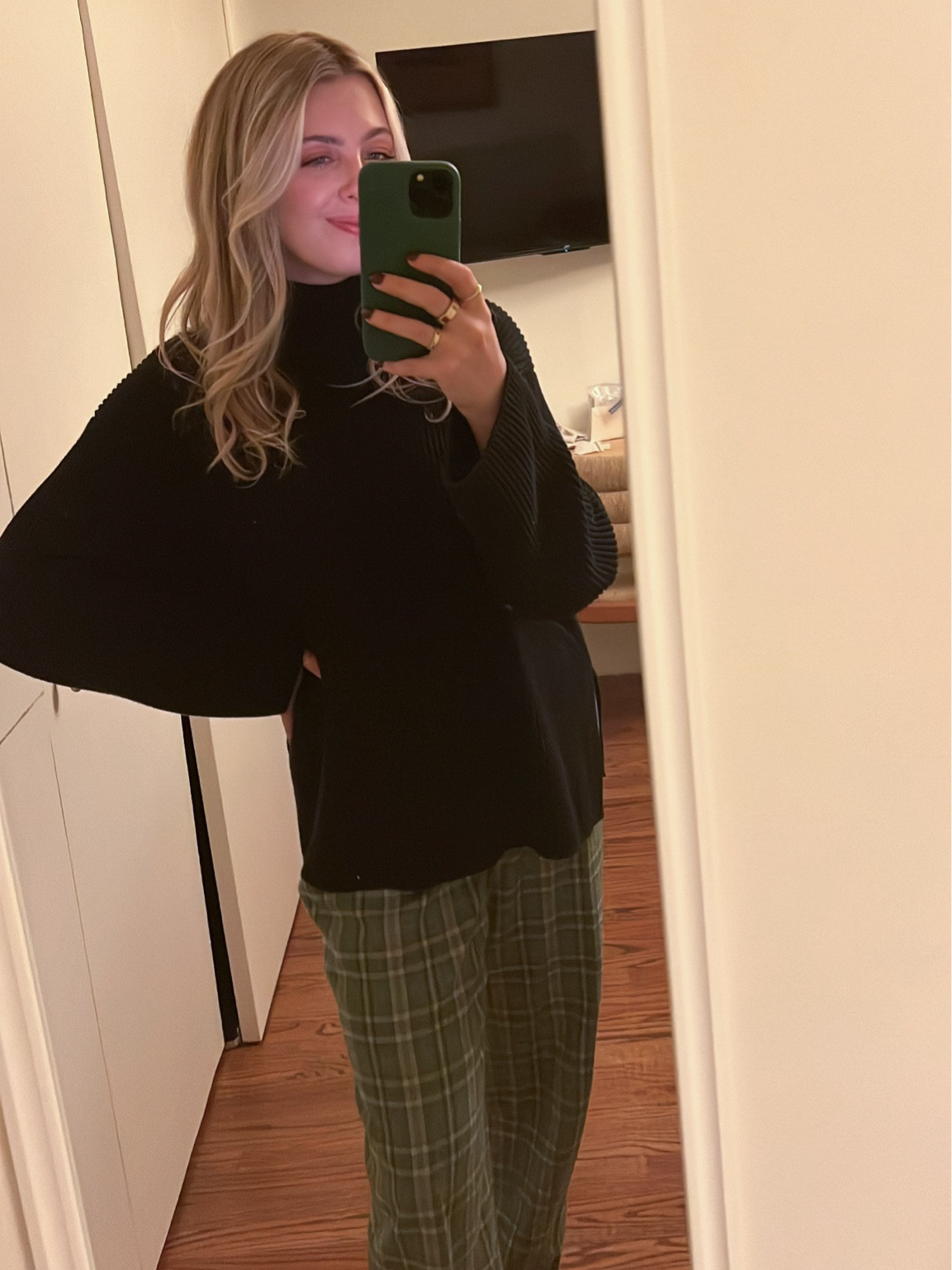 cute winter outfit - green plaid pants with oversized 100% cotton mock neck sweater from Gap! Runs very large (I got a small and it’s huge). My pants are from a vintage story in Japan, but Sezane has similar ones! 

#LTKHoliday #LTKSeasonal #LTKFindsUnder100