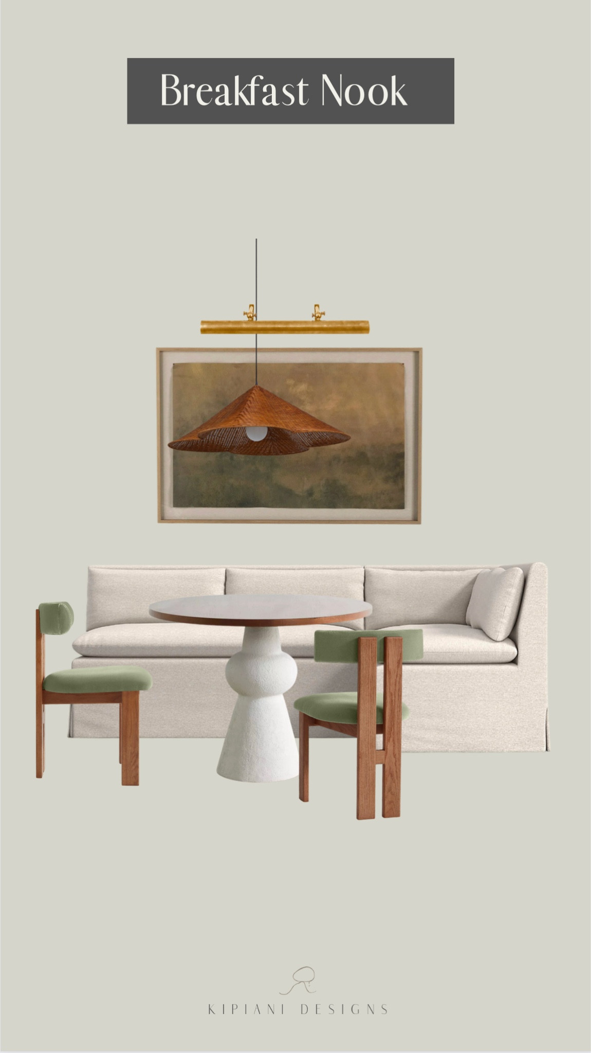 Cozy Breakfast nook with upholstered corner bench, velvet and wood dinning chairs, modern dinning table, brass picture light, rattan pendant light