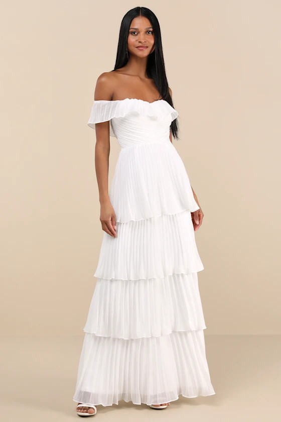 Always Remarkable White Pleated Off-the-Shoulder Maxi Dress | Lulus