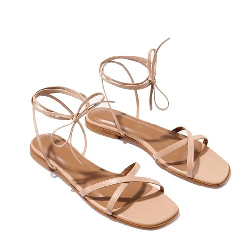 RJYLP Strappy Flats Sandals for Women Summer Gladiator Lace Up Flat Sandals Open Square Toe Casual Beach Slides Sandals | Amazon (US)