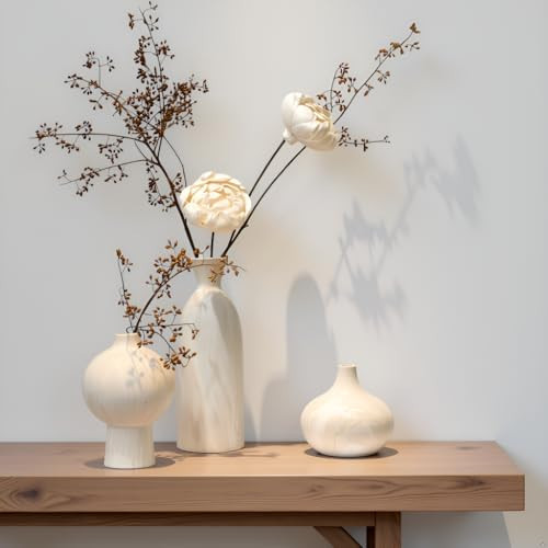 SincereLuxe White Ceramic Vase Set of 3 in Beige, Modern Aesthetic Stone-Look Textured Pottery Vases for Shelf & Bookshelf Home Decor, Neutral Minimalist Decorative Vases for Flowers & Pampas Grass | Amazon (US)