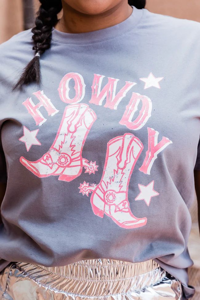 Howdy Boots Grey Oversized Graphic Tee | Pink Lily