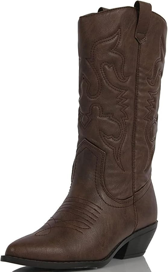 Soda Women Cowgirl Cowboy Western Stitched Boots Pointy Toe Knee High Reno-S (Dark Tan, 9.5) | Amazon (US)