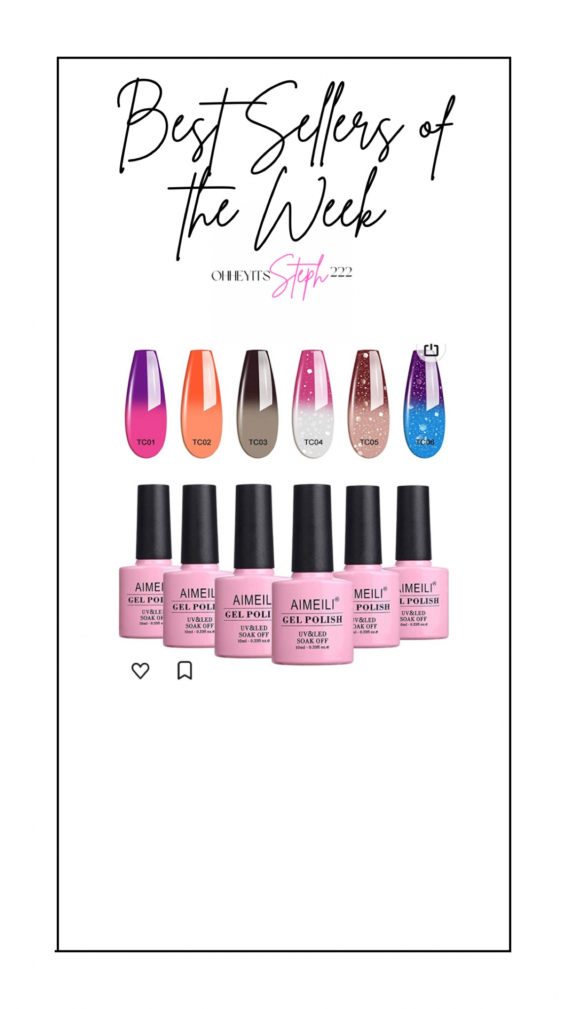 Best sellers of the week - Summer color changing gel nail polish 

 AIMEILI Temperature Color Mood Changing Soak Off Chameleon Gel Nail Polish Set Of 6pcs X 10ml- Kit Set 13 

#LTKunder50 #LTKstyletip #LTKbeauty