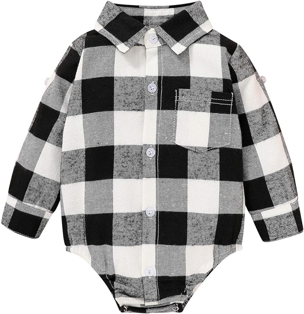 HAPPYMA Newborn Baby Boy Girls Flannel Romper Long Sleeve Button Down Bodysuit | Amazon (US)