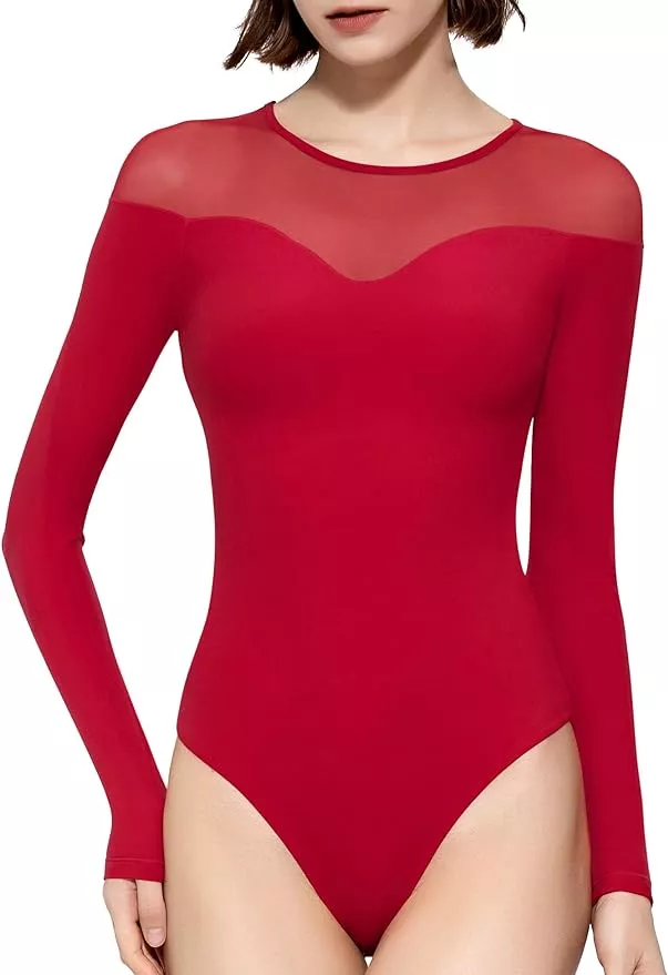  PUMIEY Long Sleeve Bodysuit For Women Mesh Body Suits Sheer  Crew Neck Sexy Tops