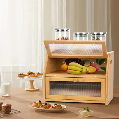 Large Bread Box For Kitchen Countertop, Wooden Bread Bin With Double Layer Storage And 0.6-Inch Thick Natural Wood Panels, Rustic Bread Box Organizer | Wayfair North America