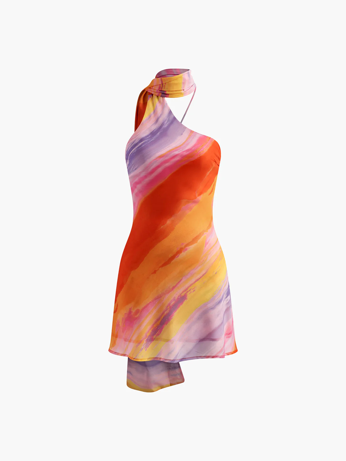 Semi-Sheer Halter Backless Tie Dye Short Dress | Commense