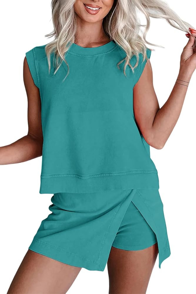 Women 2 Piece Set Summer Casual Crew Neck Sleeveless Tank Top and Skorts Shorts Lounge Sweatsuit ... | Amazon (US)