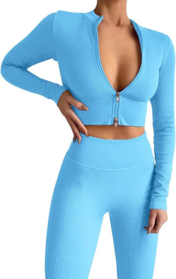 Workout Sets for Women Long Sleeve Zipper Crop Top Jacket Seamless Ribbed High Waist Leggings 2 P... | Amazon (US)