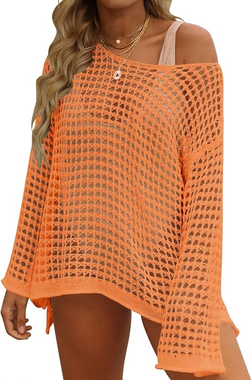 ZESICA Women's Summer Crochet Hollow Out Long Sleeve Beach Bikini Swimsuit Mesh Cover Up Tunic Top | Amazon (US)