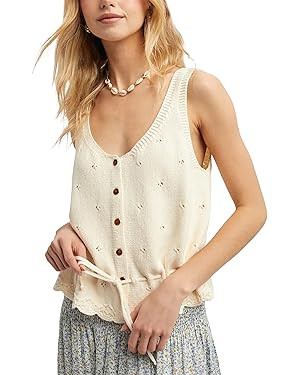 Bianstore Womens Crochet Tank Tops Summer Sleeveless V Neck Button Down Ruffle Hem Tie Waist Knit... | Amazon (US)