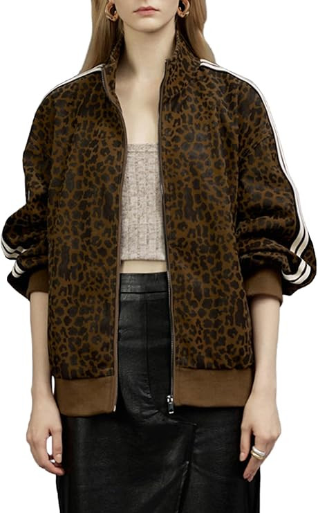 Women Faux Leather Jacket, Leopard Print Coat | Lightweight Windproof Bomber Jacket Zip Up Long S... | Amazon (US)