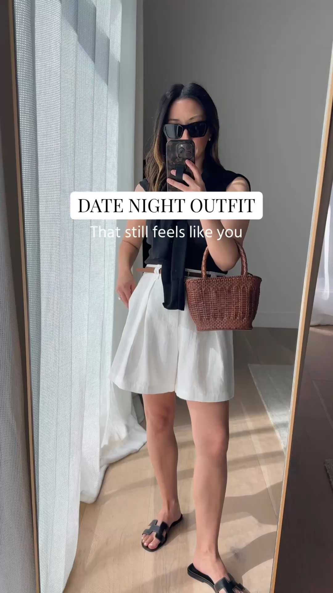 Date night outfit idea that still feels like you with pieces you probably already have 👏🏼 you don’t need a special wardrobe just for going out in the evening!

Everlane high neck tank small -old
Zara shorts xs - old
Everlane sandals 5
Marea tote - sold out, linked similar
Madewell cardigan small - old
Hermes Oran sandals 35
J.crew mini woven bag - old 
Quince earrings
Dorsey James necklace 15”

Petite style, date night outfits, spring outfits 2026

#LTKPetite #LTKSeasonal #LTKootd