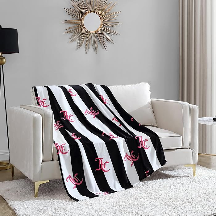 Juicy Couture Cabana Plush Black Striped 50"X70" Fuzzy Throw Blanket - Luxurious Microfiber Plush... | Amazon (US)