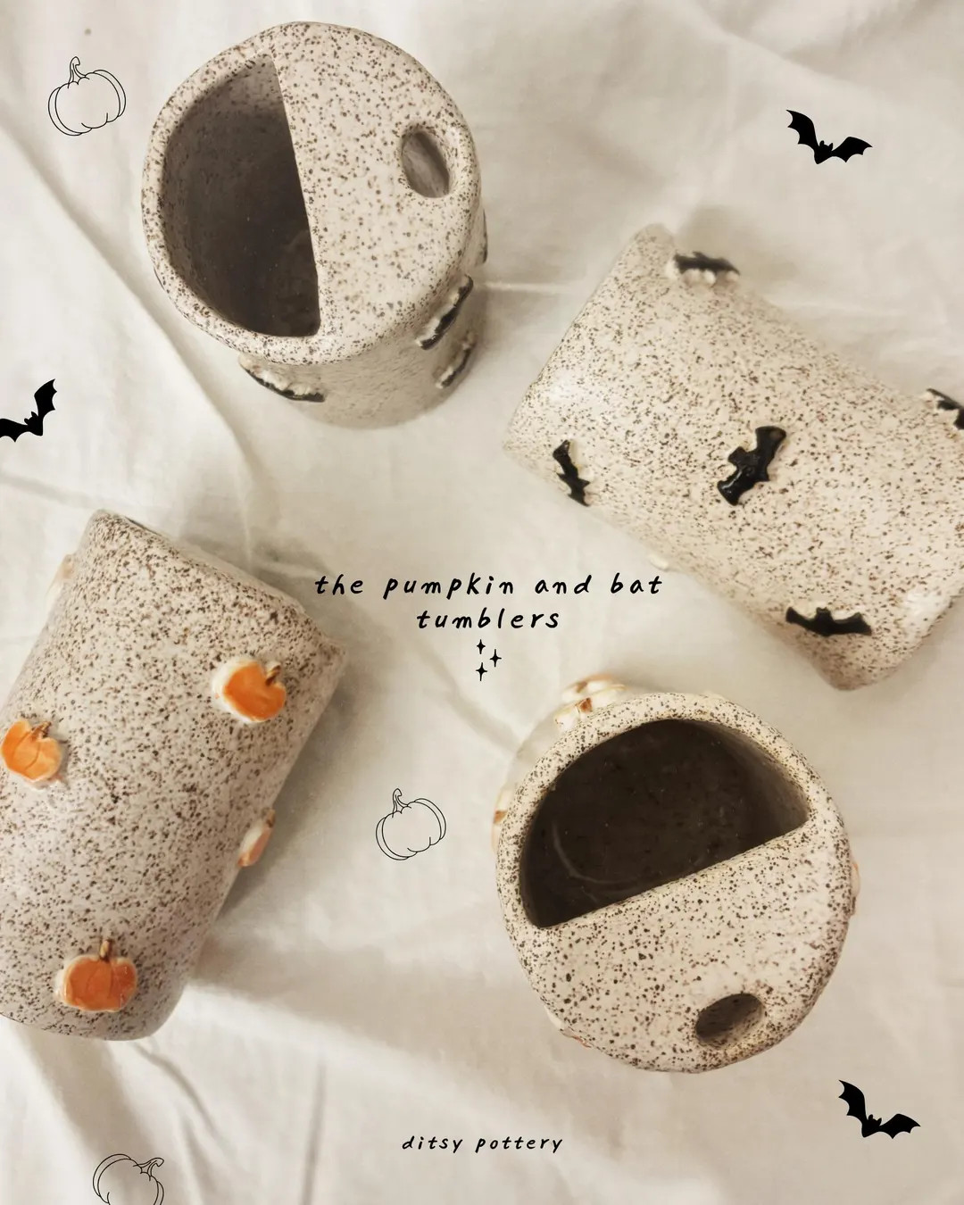 Pumpkin & Bat Ceramic Tumblers | Handmade Fall Pottery, to Go Cup, Spooky Season Coffee Tumbler, ... | Etsy (US)