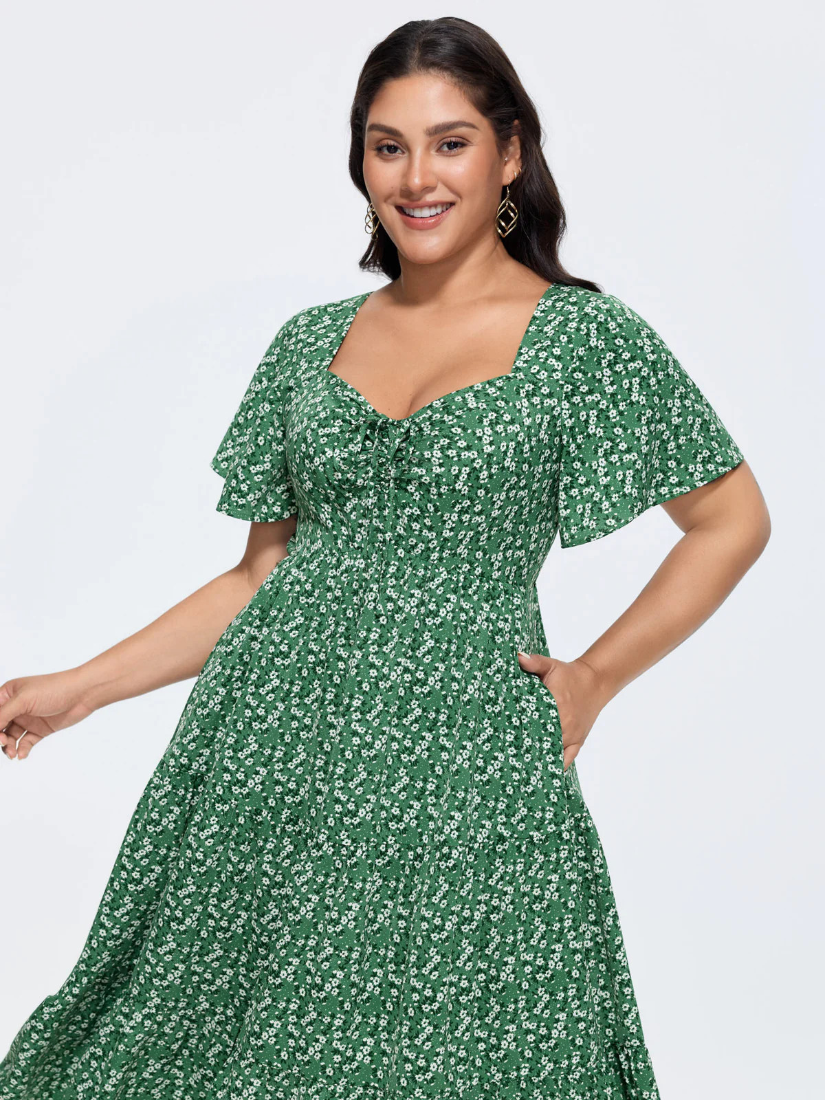 Ditsy Floral Sweetheart Drawstring Pocket Tiered Dress | Bloomchic