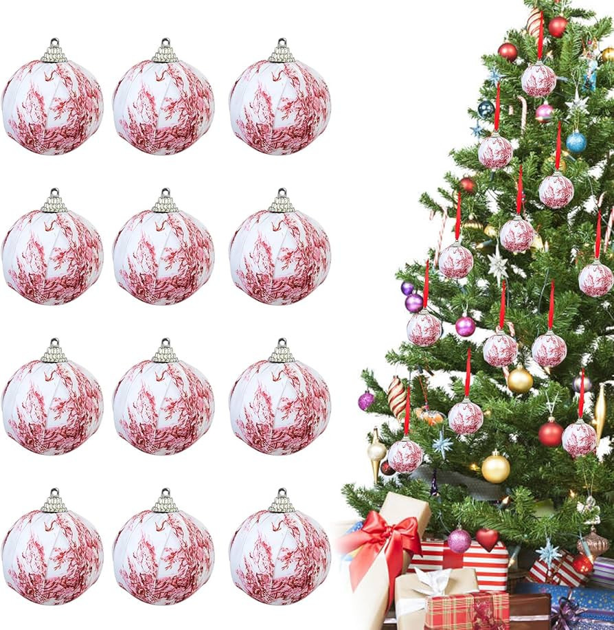12 Pcs Red Toile Christmas Ball Ornaments 2.36 inch French Country Fabric Wrapped Christmas Ball ... | Amazon (US)