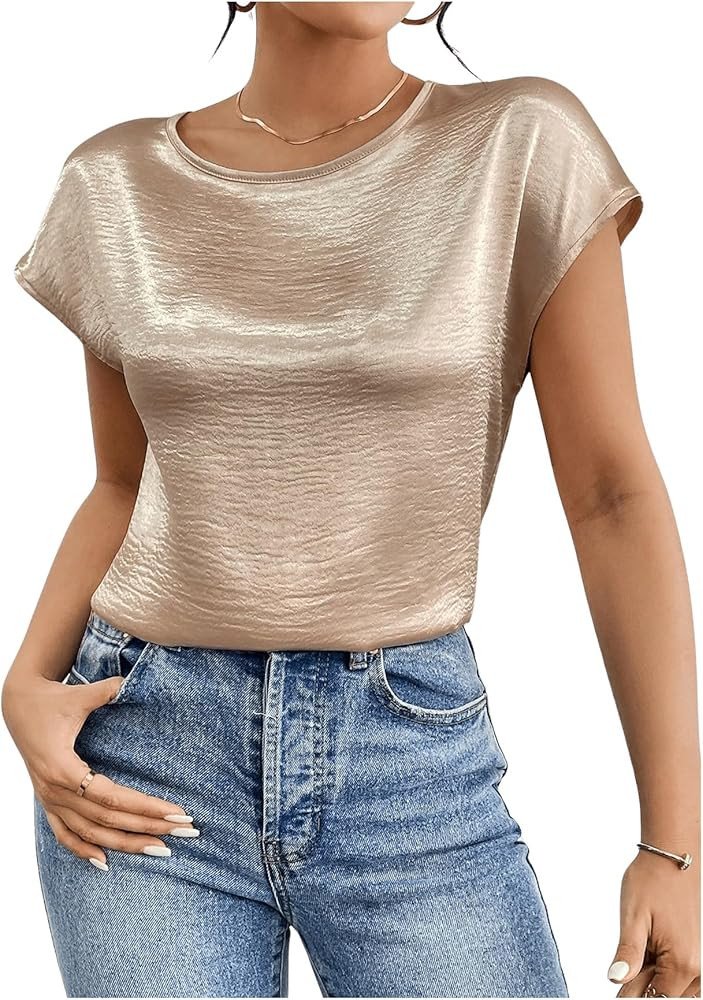 SweatyRocks Women's Crew Neck Satin Blouse Cap Short Sleeve Party Blouse Shirts Tops | Amazon (US)