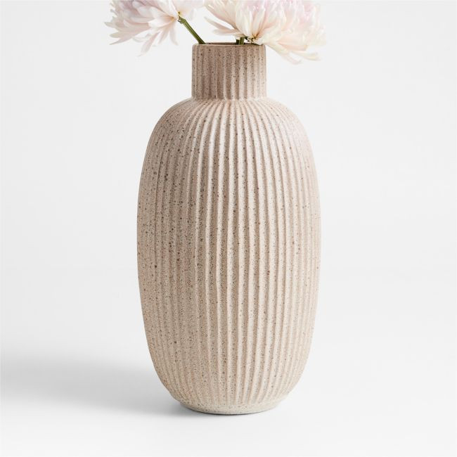 Blanca Tall Beige Ribbed Ceramic Vase 16"" by Brigette Romanek | Crate & Barrel