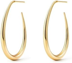 Teardrop Hoop Earrings for Women 14K Gold Plated Large Chunky Oval Pull Through Hoop Earrings Sta... | Amazon (US)