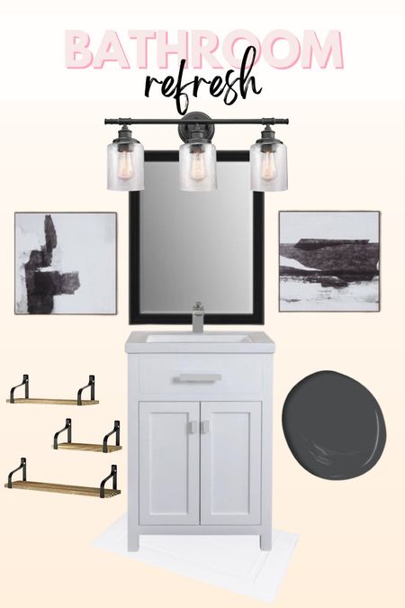 Half bathroom refresh, vanity, light fixture, wall art, black paint, moody bathroom, bathroom shelving 

#LTKfindsunder50 #LTKhome