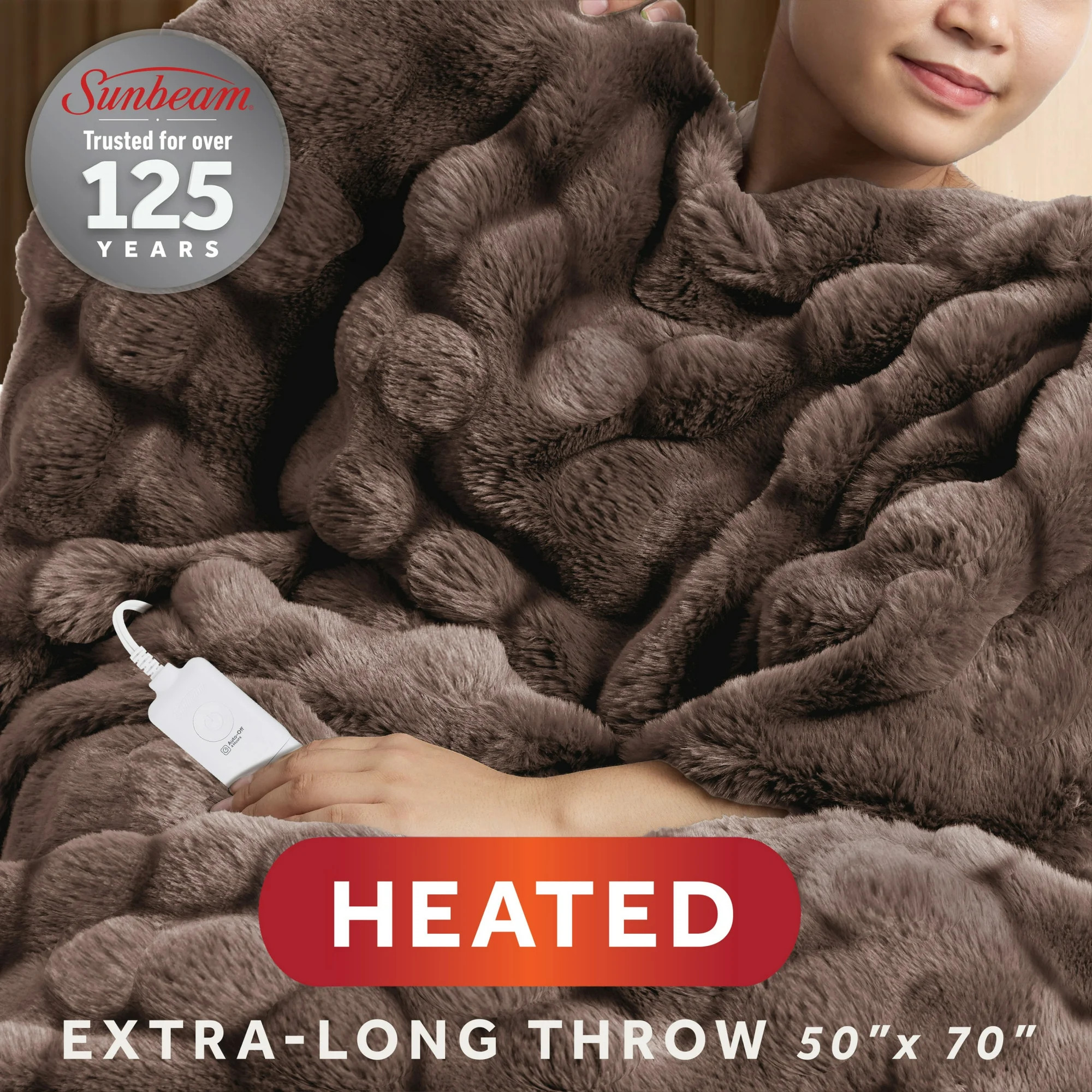 Sunbeam Heated Throw Blanket, Bubble Faux Fur Ultra Silky, 4 Heat Settings, Deep Taupe, 50" x 70" | Walmart (US)
