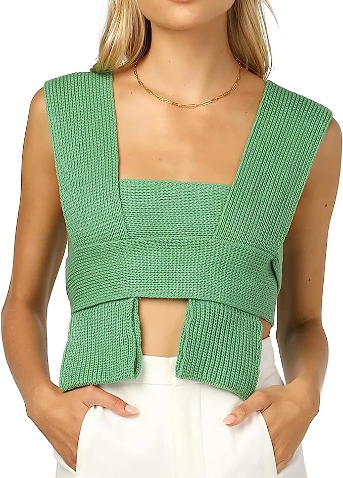 Women’s Crop Sweater Top Sleeveless Tie Strappy Backless Knitted V Neck Casual Jumper Crop Tank... | Amazon (US)