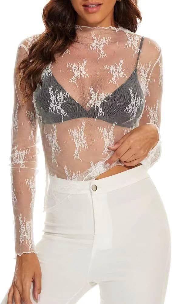 Womens Lace Long Sleeve Top Mesh Sheer Layering Top Mock Neck See Through Floral Shirt Tops | Amazon (US)