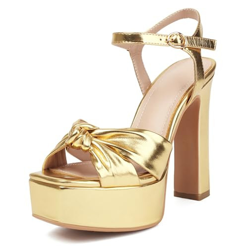 Latasa Gold High Chunky Platform Heels for Women Ankle Strap Open Toe Heeled Sandals (9.5, Gold) | Amazon (US)