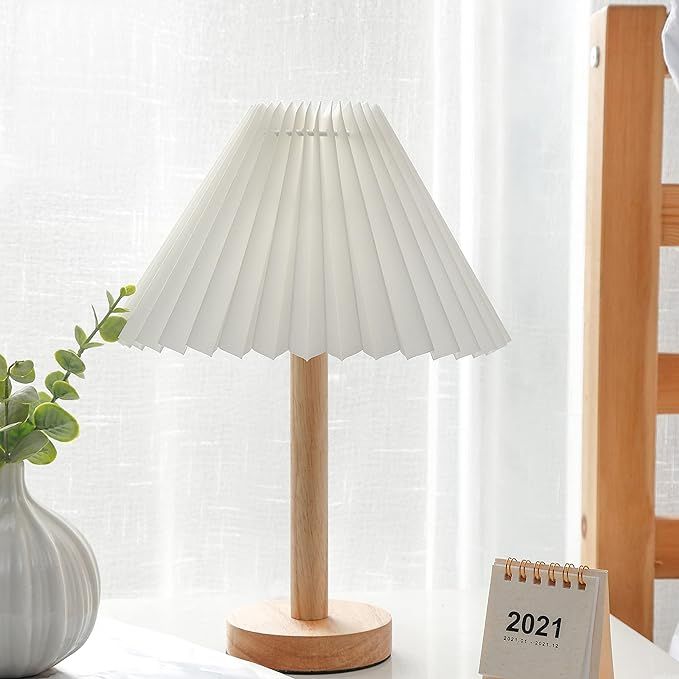 Bedside Lamp, Pleated White Lampshade Nightstand Aesthetic Lamp, Wooden Base for Guestroom Bedroo... | Amazon (US)